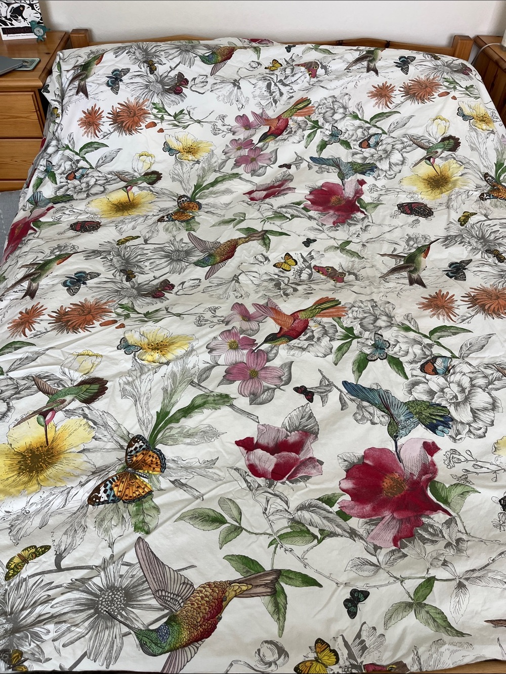 Botanical Hummingbird Floral Duvet Cover in White with Multicolor Accents